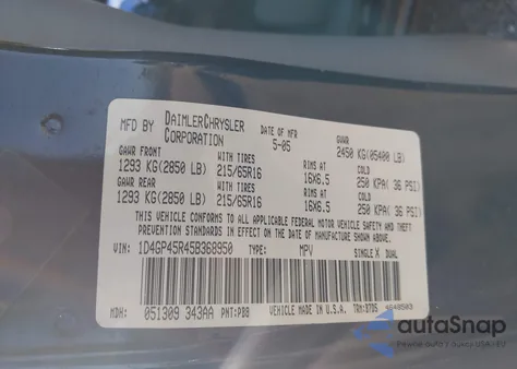 2005 Dodge Caravan Sxt from USA, damaged, VIN 1D4GP45R45B368950